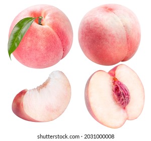 Collection of Pink Peach fruit with leaf isolated on white background, Fresh Peach on White Background With clipping path.