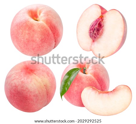 Collection of Pink Peach fruit with leaf isolated on white background, Fresh Peach on White Background With clipping path.