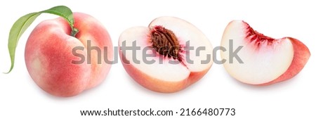 Collection of Pink Peach fruit with leaf isolated on white background, Fresh White Peach on White Background With clipping path,
