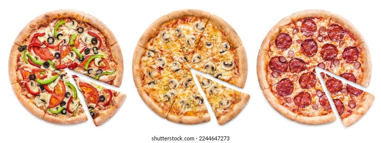 Colección de pizza, aislada en fondo blanco