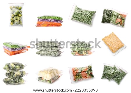 Collection of plastic bags with frozen vegetables on white background