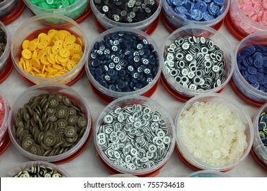 Collection Of Plastic Sewing Button Close-up. Different Garments Accessories. Exhibit For Buyer To QC. Colorful Buttons Background. International Fashion Fair. Button Export Import Business Industry.