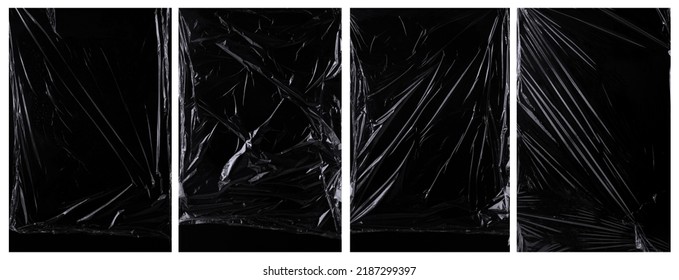 collection of plastic wrap texture for background and photo overlay effect.  set of wrinkled plastic poster in stretched style. transparent plastic wrap on black for mockups template. - Shutterstock ID 2187299397