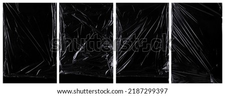 collection of plastic wrap texture for background and photo overlay effect.  set of wrinkled plastic poster in stretched style. transparent plastic wrap on black for mockups template.