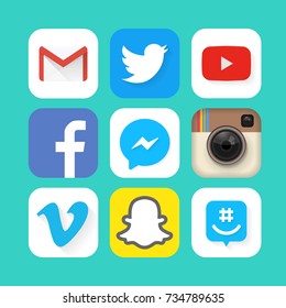 Collection of popular social media icons: Facebook, Twitter, Instagram, YouTube, Vine, Snapchat and others