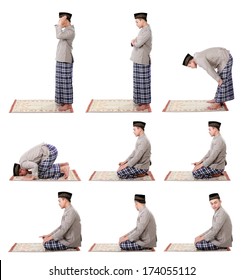 collection portrait of man muslim doing prayer isolated over white background