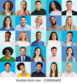Collection of portraits of international successful people men and women of various generations posing on blue backgrounds, creative image for peoples lifestyle, social life concept