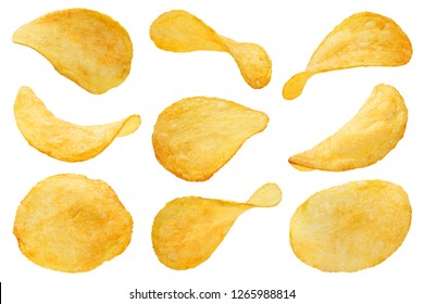 Collection of potato chips, isolated on white background - Shutterstock ID 1265988814