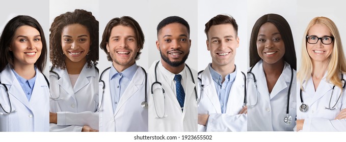 Collection Of Professional Doctors Portraits With Smiling Successful Medical Workers, Physicians And Nurses, Posing On Gray Backrounds. Doctor's Career And Profession. Collage, Panorama