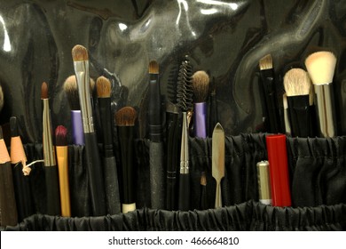 Collection Of Professional Makeup Brushes In Bag. 