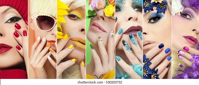 Collection of rainbow colored makeup and nail designs for every holiday and time of year.