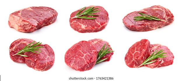 Collection raw beef isolated on white background. Beef steak with clipping path