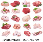 collection of raw meat isolated on white background