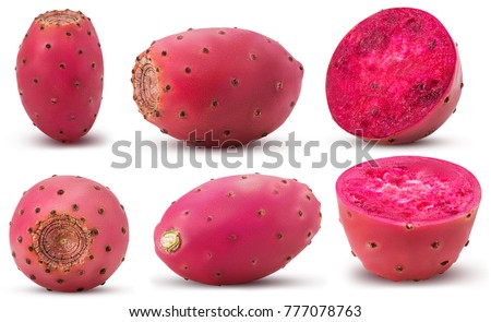 Collection red opuntia, whole, cut in half isolated on white background. Clipping Path. Full depth of field.