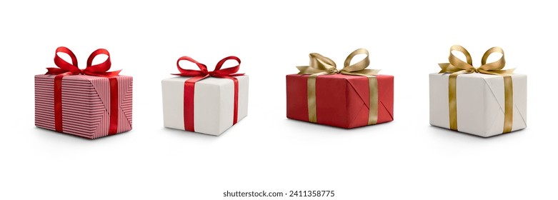 A collection of red and white gift wrapped presents with a red and gold ribbon bows isolated against a white background - Powered by Shutterstock