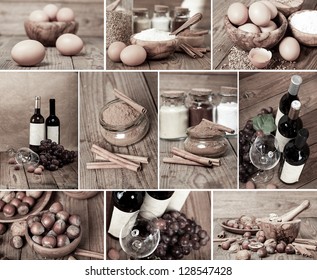 collection of red wine, eggs, cinnamon and nuts on wooden table