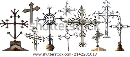 Collection of Religious Crosses in wrought iron isolated on white background, Italy, Europe.