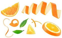 Collection Of Ripe Juicy Orange Slices, Leaves And Zest Isolated On A White Background