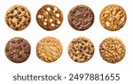 Collection of round cookie cookies biscuit, classic and nut set, on white background cutout file. Many assorted different design.