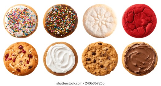 Collection of round cookie cookies biscuit, sprinkle and icing set, on white background cutout file. Many assorted different flavour. Mockup template for artwork design - Powered by Shutterstock