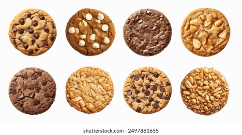 Collection of round cookie cookies biscuit, classic and nut set, on white background cutout file. Many assorted different design.