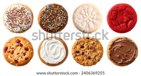Collection of round cookie cookies biscuit, sprinkle and icing set, on white background cutout file. Many assorted different flavour. Mockup template for artwork design
