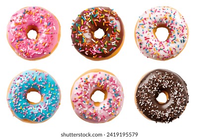 Collection of round donut doughnut, glazed sprinkles set, top view on white background cutout file. Many assorted different. Mockup template for artwork	
