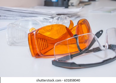 collection of safety glasses for patient/other, health equipment to prevent cross infection. Dentist clinic. protective glasses. Dental goggles, equipment 
