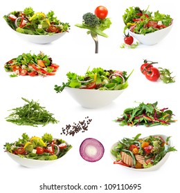 Collection Of Salads, Isolated On White.  Includes Green Salad, Garden Salad, Greek Salad, Chicken Salad, And Ingredients.