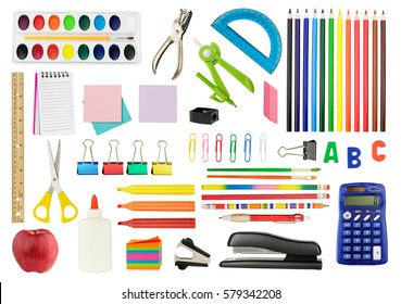 Collection of school supplies, isolated on pure white background.