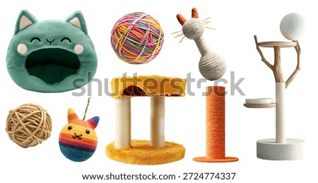Collection of scratch post, climbing tree playhouse, bed, individual pet accessories for animal cat kitten, isolated cutout. Many different play ball wand toy. Mockup