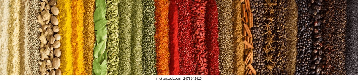 Collection of seasonings and herbs scattered in stripes in colors. Colorful spices as background. - Powered by Shutterstock