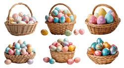 Collection Set Of Basket Of Colourful Hand Painted Decorated Easter Eggs On White Background Cutout File. Many Different Design. Mockup Template For Artwork Design