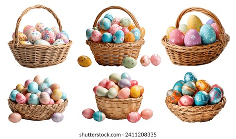 Collection set of basket of colourful hand painted decorated easter eggs on white background cutout file. Many different design. Mockup template for artwork design