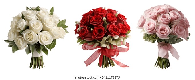 Collection set bouquet pink red cream stalk of rose roses flower floral with leaves arrangement on white background cutout file. Mockup template artwork graphic design - Powered by Shutterstock