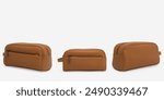 Collection set of Brown leather vanity case with zipper isolated on white background with shadow reflection. Cosmetic bag. Unisex toiletry wash bag. Clipping path Included. — jpeg photo formats.