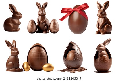 Collection set of chocolate easter rabbit bunny and eggs on white background cutout file. Many different design. Mockup template for artwork design