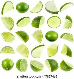 collection set of close up slices green lime  isolated on white background