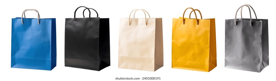 Collection set of colour eco friendly recyclable side view blank shopping paper bag on white background cutout file. Mockup template for artwork graphic design. blue black beige yellow grey - Powered by Shutterstock