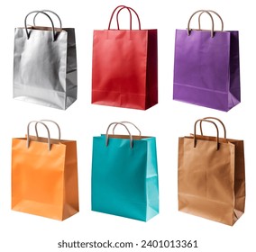 Collection set of colour eco friendly recyclable side view blank shopping paper bag on white background cutout file. Mockup template artwork graphic design. brown silver orange purple red - Powered by Shutterstock