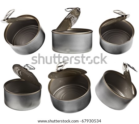 Collection set of  Empty opened fish cans isolated on white background