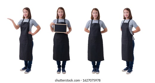 Collection set of Full body portrait of waitress, delivery woman or Servicewoman in Gray shirt and apron isolated on white background - Shutterstock ID 1627075978