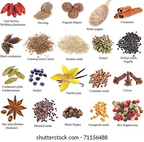 Collection set of heap spices with names close up isolated on white background