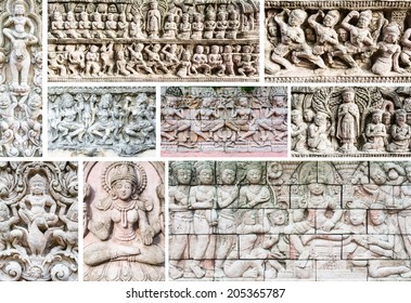 collection set High relief sculpture stone about religion buddha.this statue are public domain for use decoration ,case study and take photo at public place in thailand - Shutterstock ID 205365787