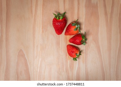 Collection Set Of Photos Of Strawberries In A Cirlce On Wooden Background For Stop Motion Video Clip. Juicy Fresh Vegan Strawberry