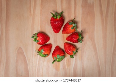 Collection Set Of Photos Of Strawberries In A Cirlce On Wooden Background For Stop Motion Video Clip. Juicy Fresh Vegan Strawberry