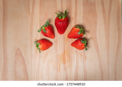 Collection Set Of Photos Of Strawberries In A Cirlce On Wooden Background For Stop Motion Video Clip. Juicy Fresh Vegan Strawberry