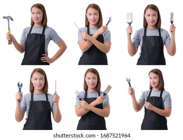 Collection Set Of Portrait Of Portrait Of A Worker Woman Or Servicewoman In Gray Shirt And Apron Is Holding Isolated On White Background. Hand-made, DIY Concept