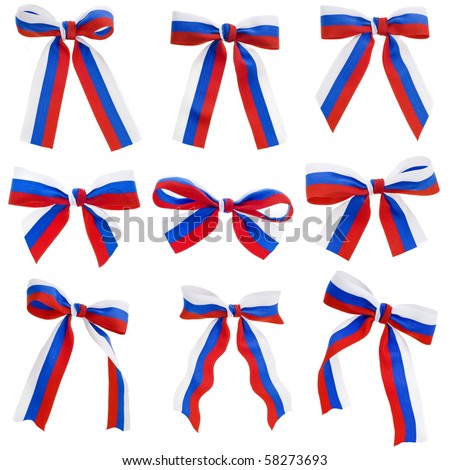 Collection set of ribbon tape bows Russian flag isolated on white background
