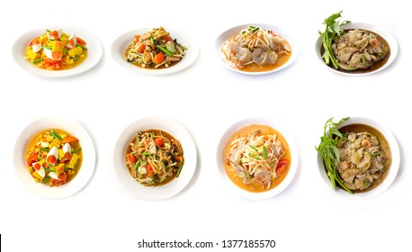 Collection Set Of Spicy Salad (Som Tum Thai) Traditional Spicy -hot Thai Food Style. Thai Cuisine Delicious Food Popular Of Thailand  Isolated On A White Background